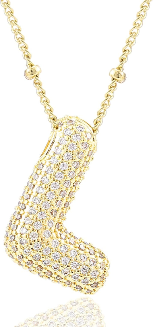 Personalized Chunky Initial Necklace: 14K Gold Plated Bubble Balloon Charm Pendant for Women
