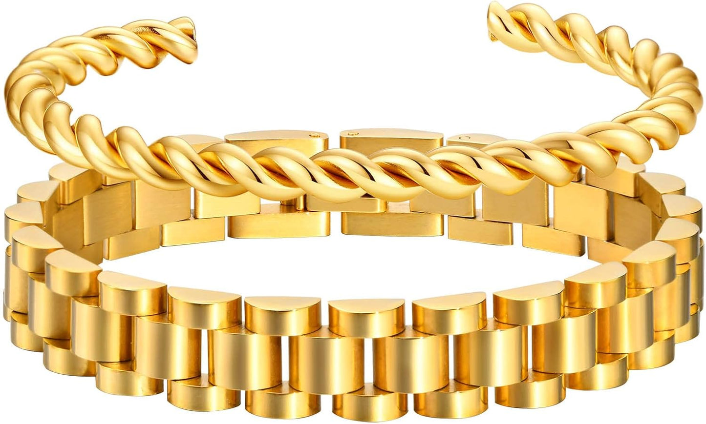 2pcs Gold Chain Link Bracelet, Stainless Steel Crystal Friendship Bracelets Bangle,Watch Band Chains Wristband