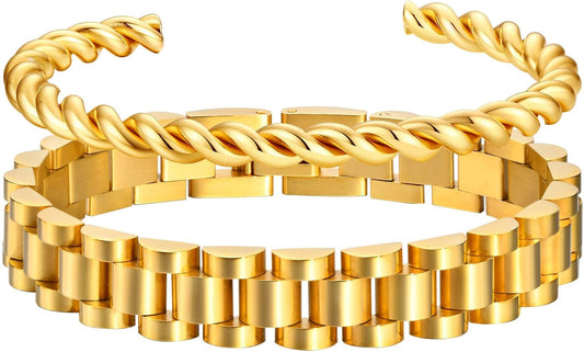 2pcs Gold Chain Link Bracelet, Stainless Steel Crystal Friendship Bracelets Bangle,Watch Band Chains Wristband