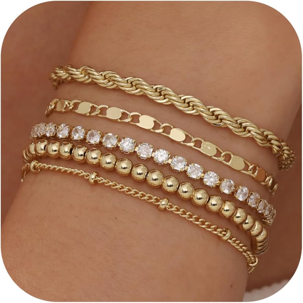 14k Chunky Gold Bracelets for Women Non Tarnish, Womens Gold Bracelet Stack Layered Chunky Chain Bracelets Waterproof Link