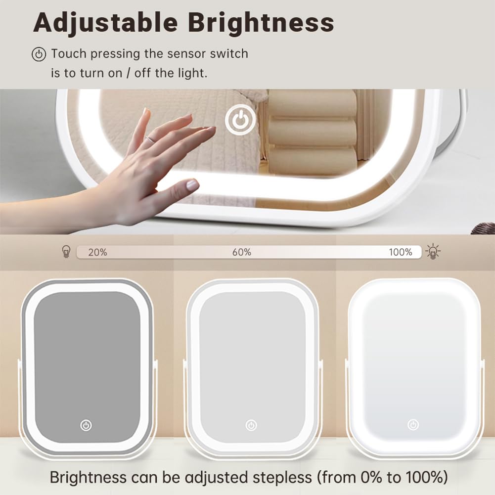 Portable Small Beauty LED Vanity Mirror with Lights, 1200mAh Battery, Dimmable Touch Screen