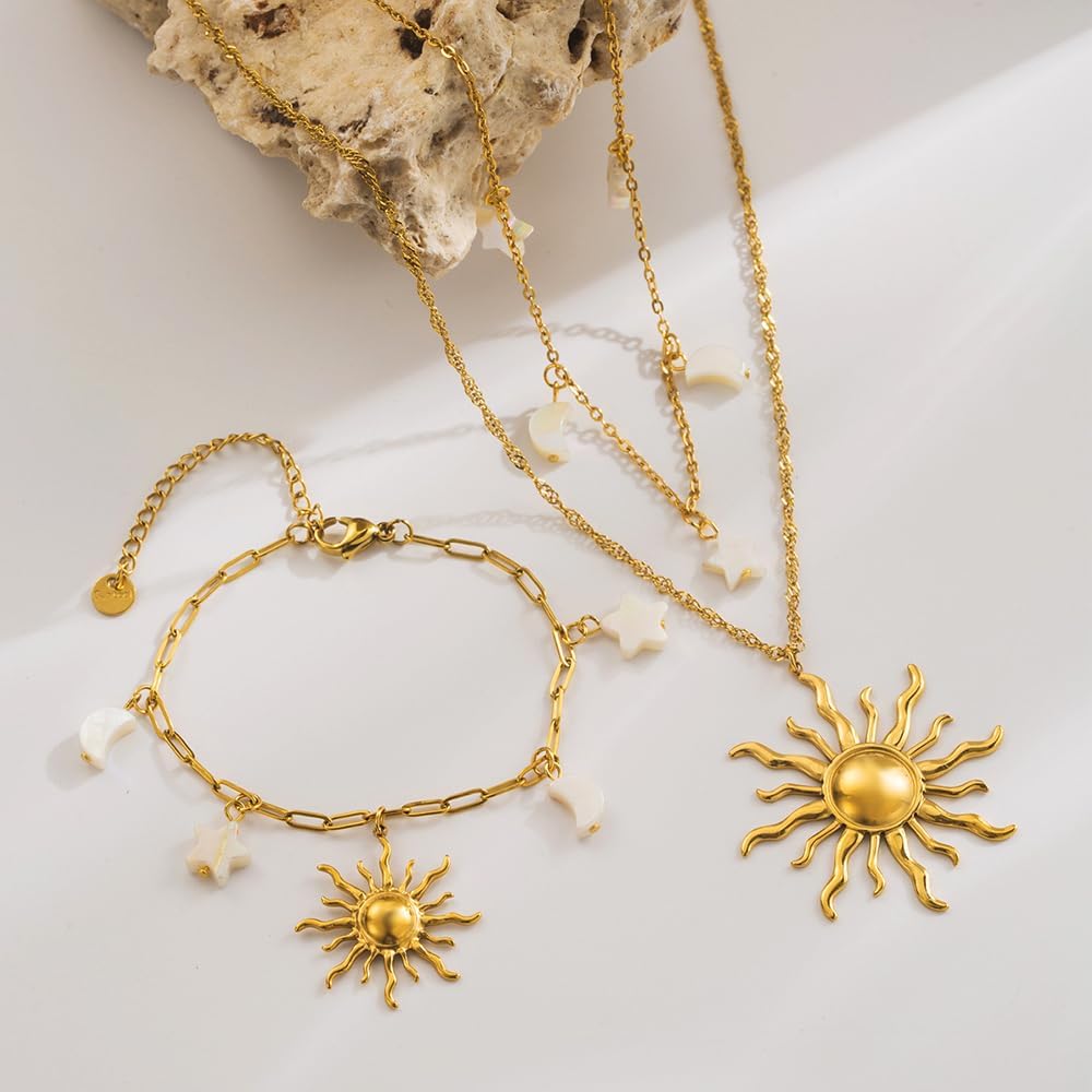 Gold Necklace for Women - Dainty 14K Gold Plated Layered Sun Pendant & Choker, Gift for Her