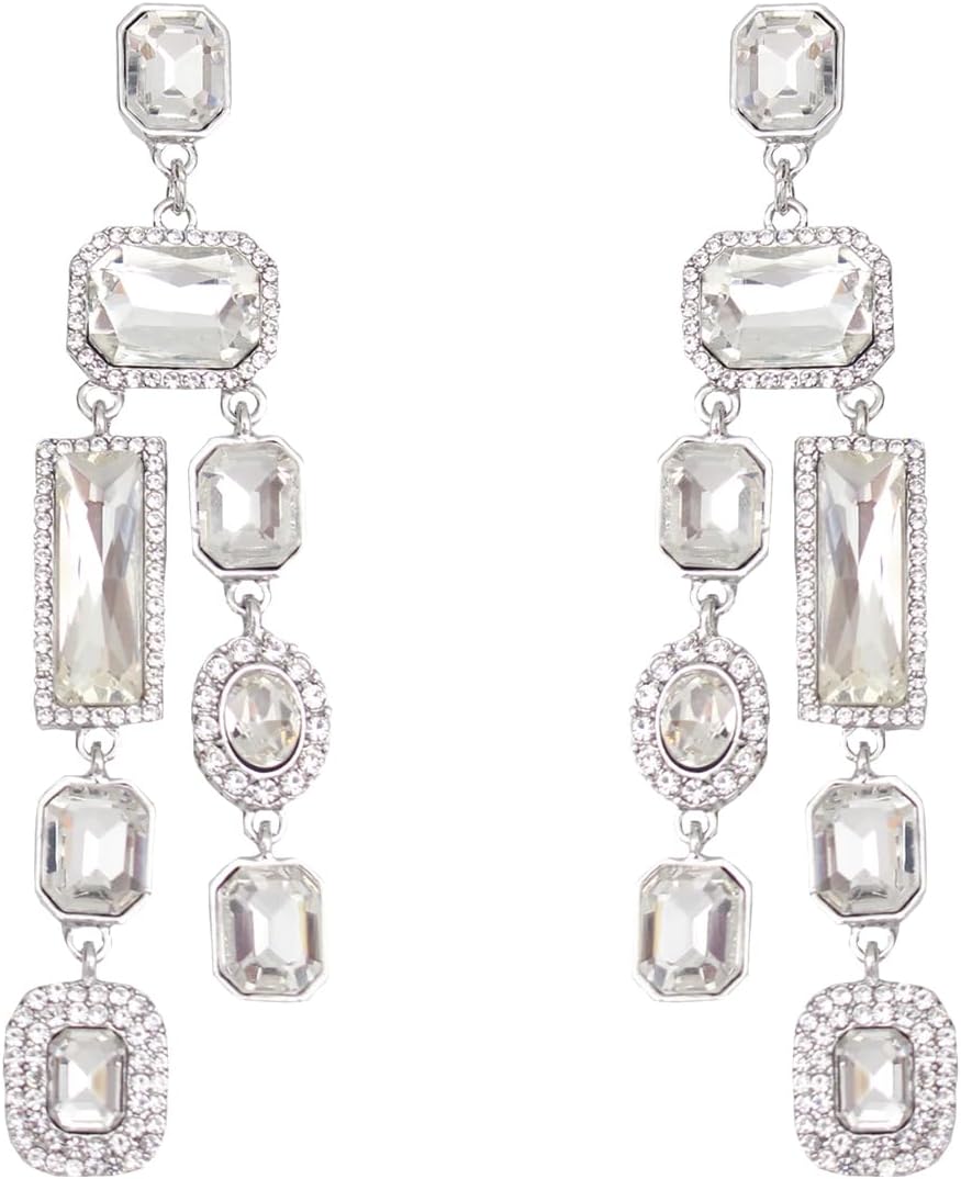 Vintage Rectangle Teardrop Chandelier Earrings, Art Deco Wedding Austrian Crystal Drop Dangle Earrings for Women Party Prom