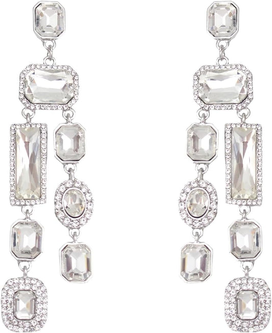Vintage Rectangle Teardrop Chandelier Earrings, Art Deco Wedding Austrian Crystal Drop Dangle Earrings for Women Party Prom