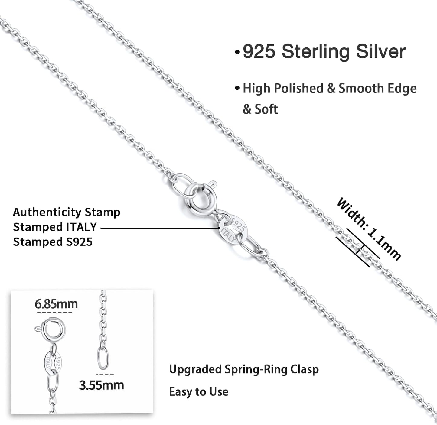 925 Sterling Silver 1.1mm Cable Chain Necklace For Women: Thin Sturdy Italian Quality, Spring-Ring Clasp - 16/18/20/22/24 Inch