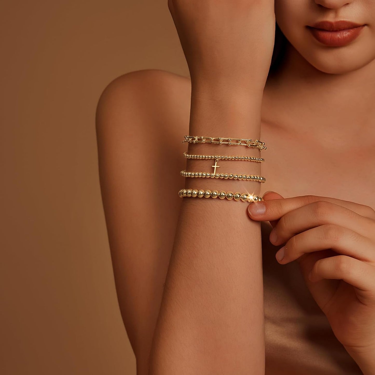 Gold Bracelets for Women 14K Gold Plated Cross Bracelet Strand Bead Ball Bracelets stack Set Chunky Chain Bracelet Trendy