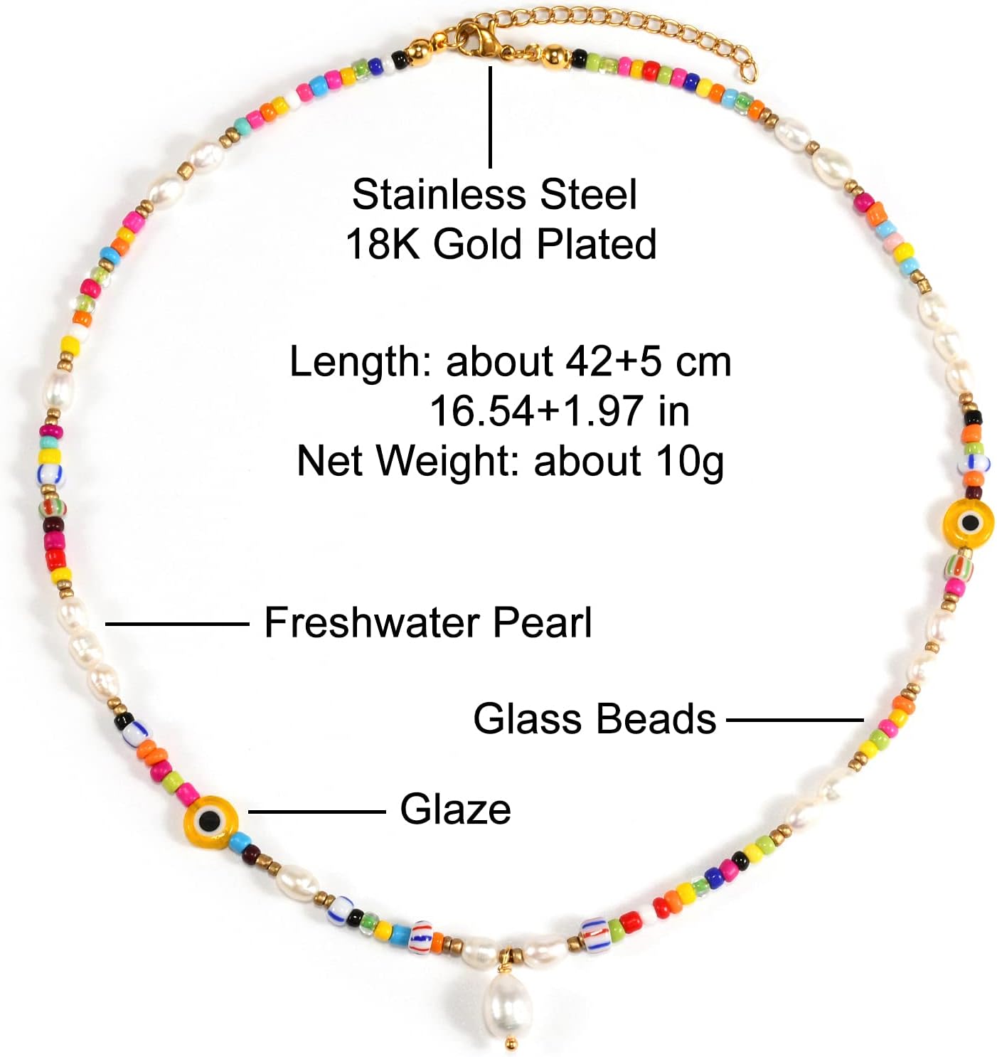 Colorful Beaded Necklace - Freshwater Pearl & Evil Eye Pendant, Stainless Steel 18K Gold Plated Y2K Trendy Jewelry for Women & Teen Girls