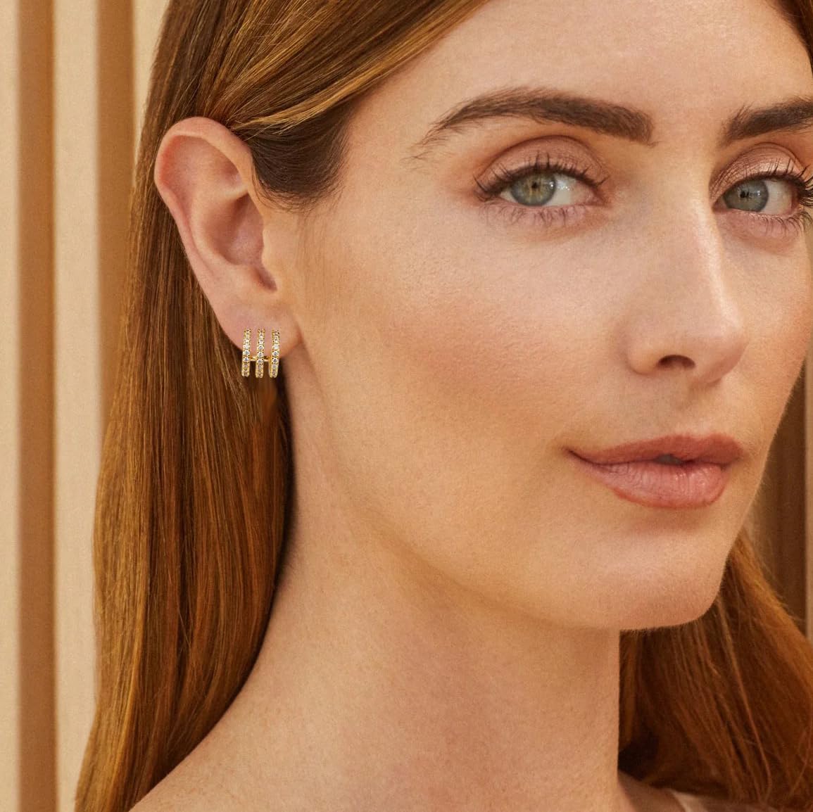 14K Gold Plated Triple Huggie Illusion Stud Earrings | Double Huggie Hoop Earrings for One Hole | Gold Hoop Earrings for Women