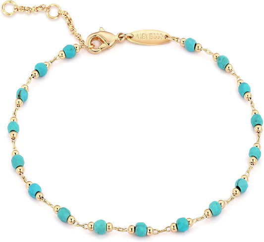 Gold Round Turquoise Beaded Bracelets,14K Gold Plated Handmade Cute Dainty Bracelet for Women