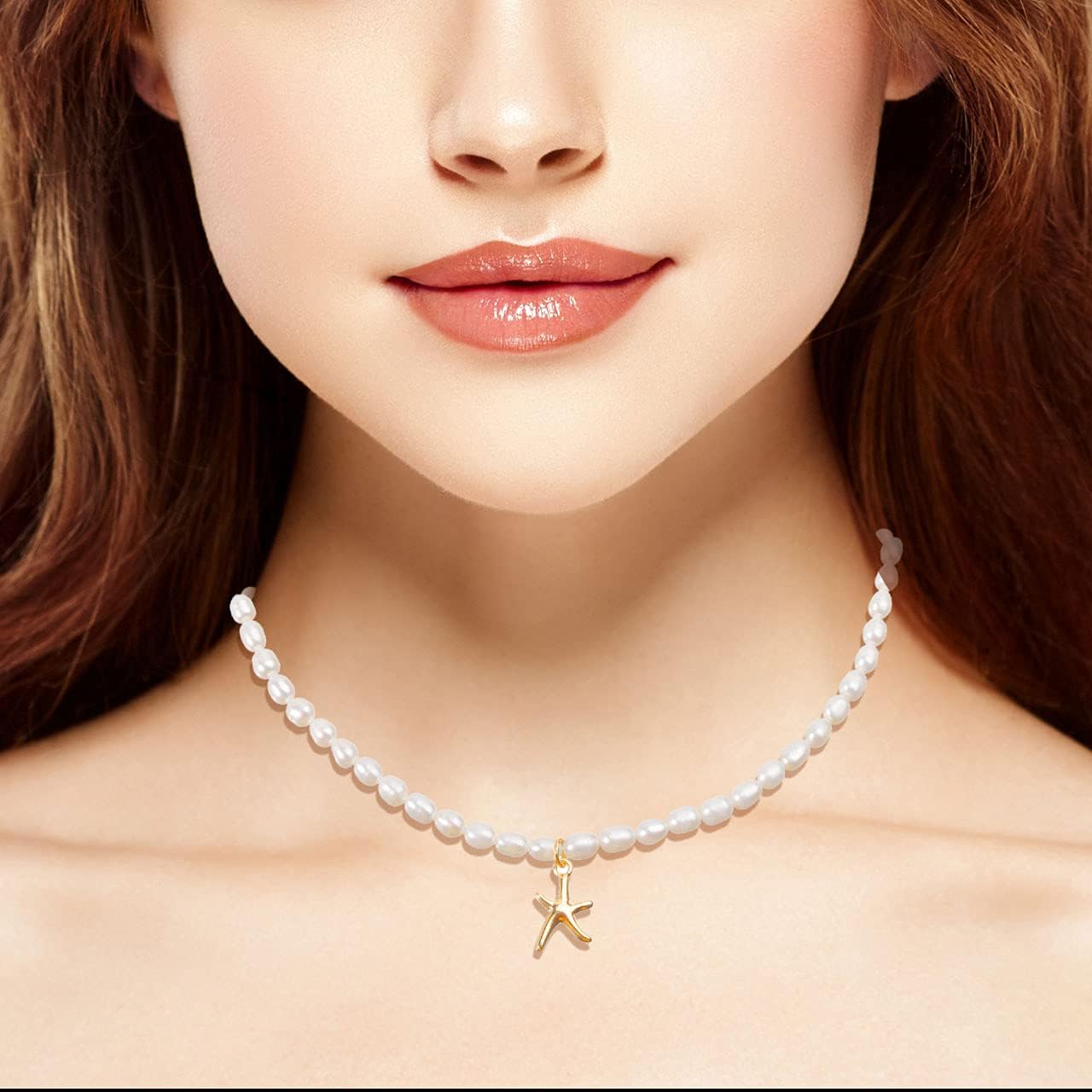 Women's Freshwater Pearl Choker Necklace, 14K Gold Plated Handmade Adjustable Boho Elegant Gift