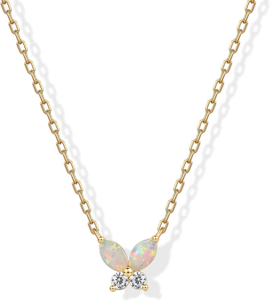 14K Gold Plated Opal Pendant Necklaces for Women | Created Opal Cubic Zirconia Dainty Necklace | Butterfly Round Triangle Antler Bar Pendants