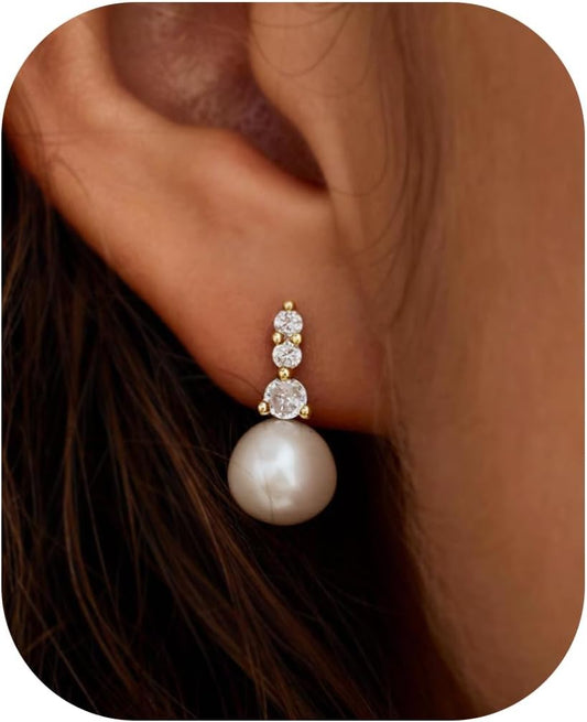 Pearl Earrings: 14k Gold-plated Cubic Zirconia Accented Pearl Drop Dangle Wedding Engagement Earrings For Women Bridal Bridesmaid