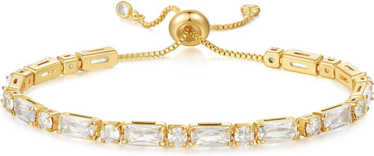 Tennis Bracelet for Women, 14K Gold Plated Cubic Zirconia Adjustable Slider Bracelets Trendy Jewelry Gift