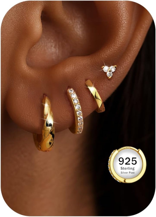 Hypoallergenic Gold Hoop Earrings for Women S925 Sterling Silver Post Chunky Cartilage Earring Stacks Non Tarnish 14K Gold Filled Small