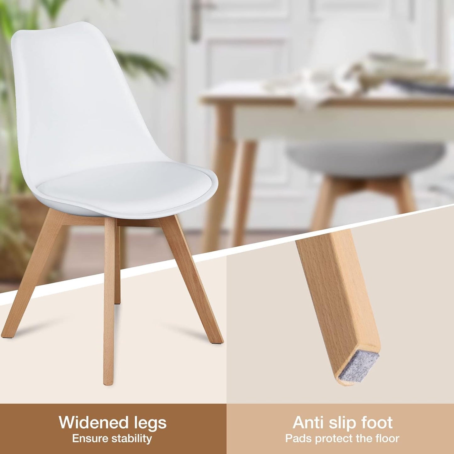 4 Mid-Century Modern Dining Chairs with Wood Legs and PU Leather Cushion - Suitable for Living Room, Bedroom