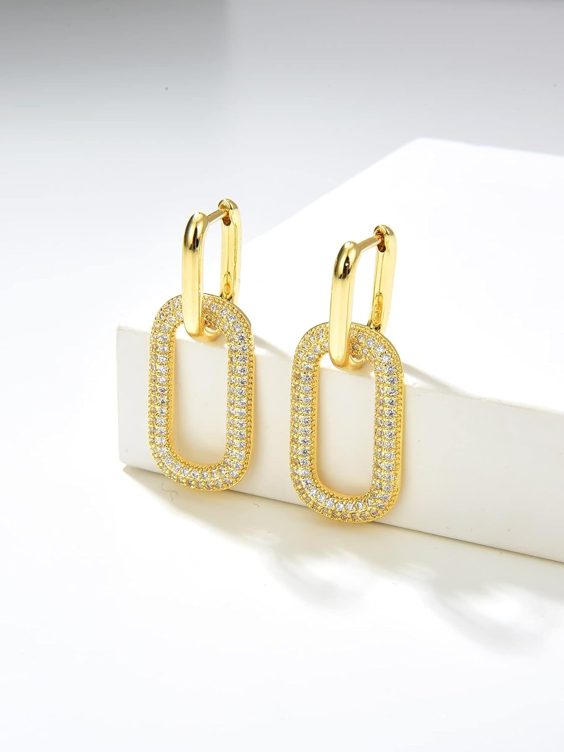 Gold Earrings for Women Trendy, Simple Dainty 14K Gold Plated Paperclip Square Chain Link Dangle Pin Stud Huggie Earrings Lightweight