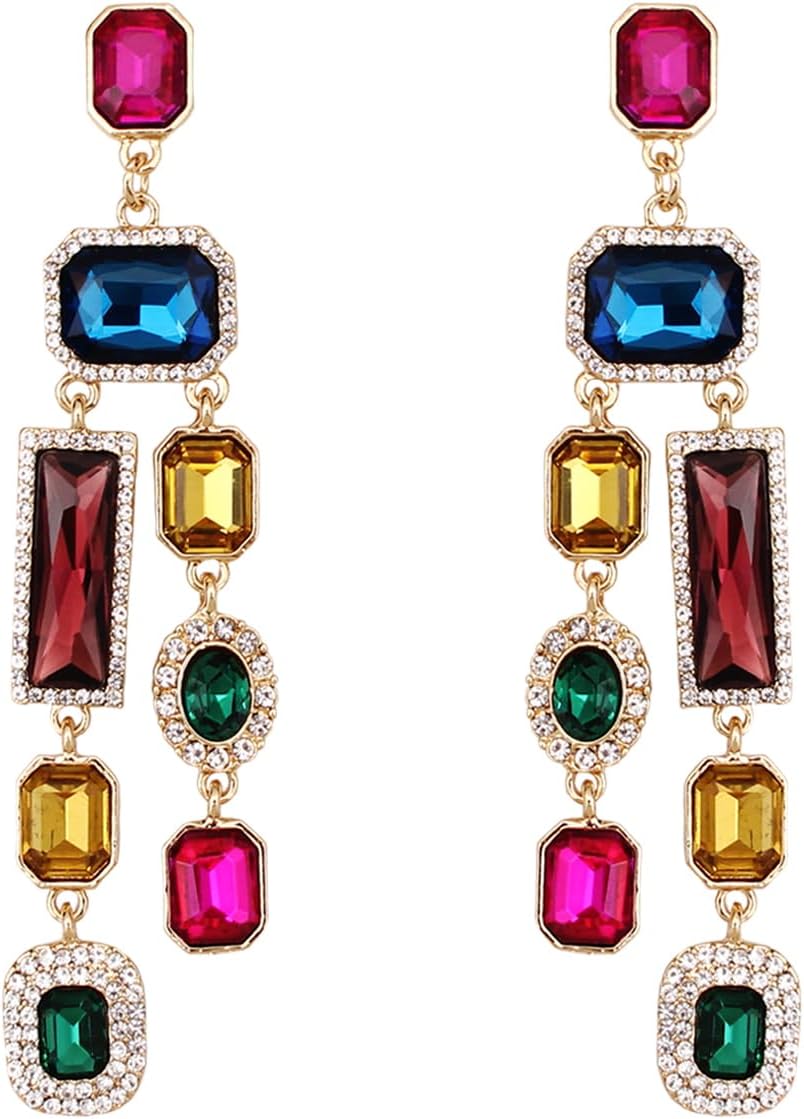 Vintage Rectangle Teardrop Chandelier Earrings, Art Deco Wedding Austrian Crystal Drop Dangle Earrings for Women Party Prom