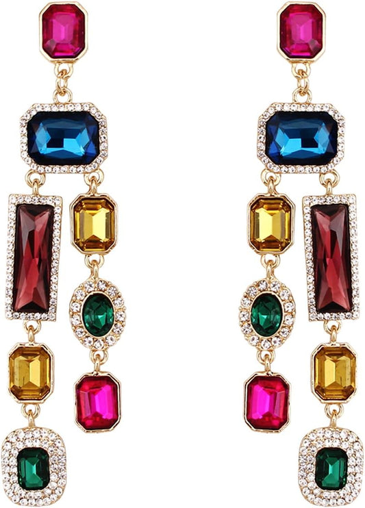 Vintage Rectangle Teardrop Chandelier Earrings, Art Deco Wedding Austrian Crystal Drop Dangle Earrings for Women Party Prom