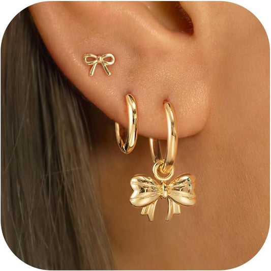3 Pairs Small Gold Hoop Earring, 14K Gold Plated Earring Stacks Butterfly Heart Star Moon Bow Four Leaf Rhombus Round CZ Pearl