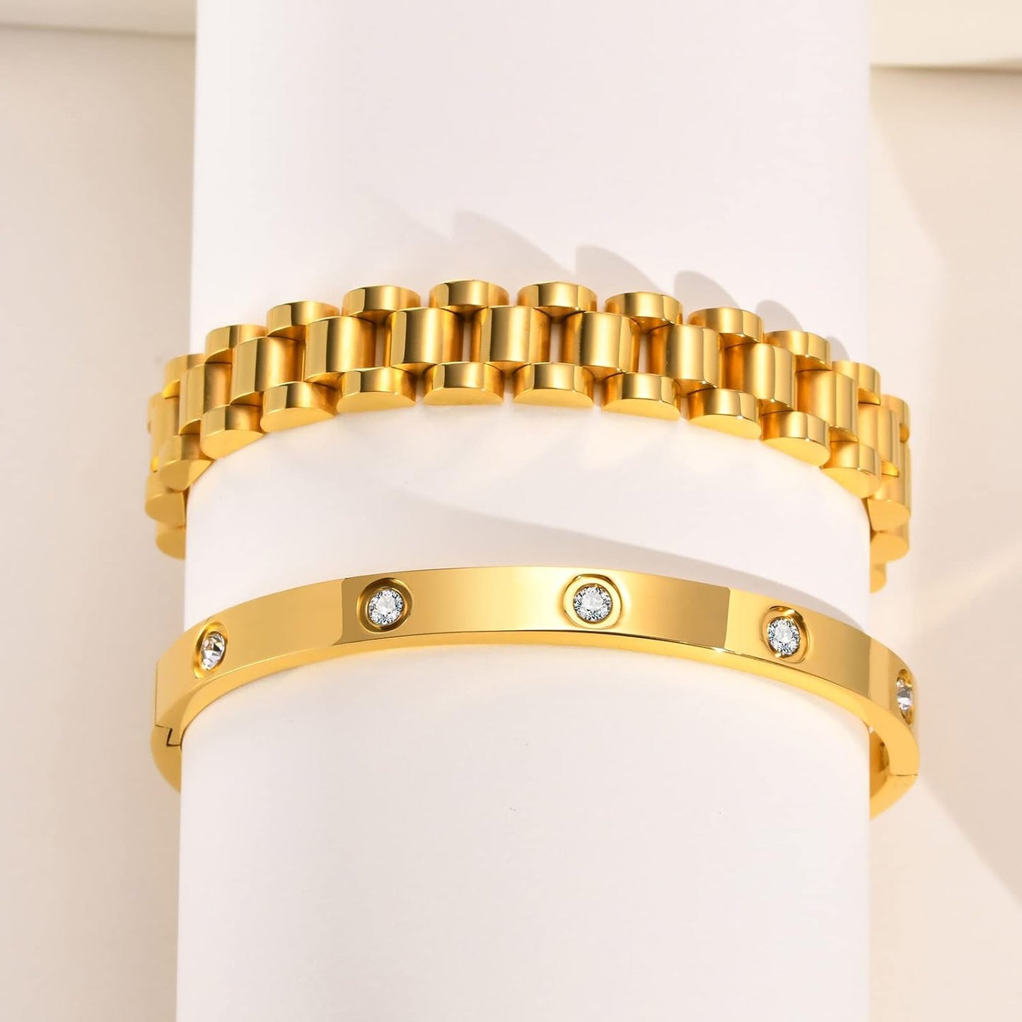 2pcs Gold Chain Link Bracelet, Stainless Steel Crystal Friendship Bracelets Bangle,Watch Band Chains Wristband