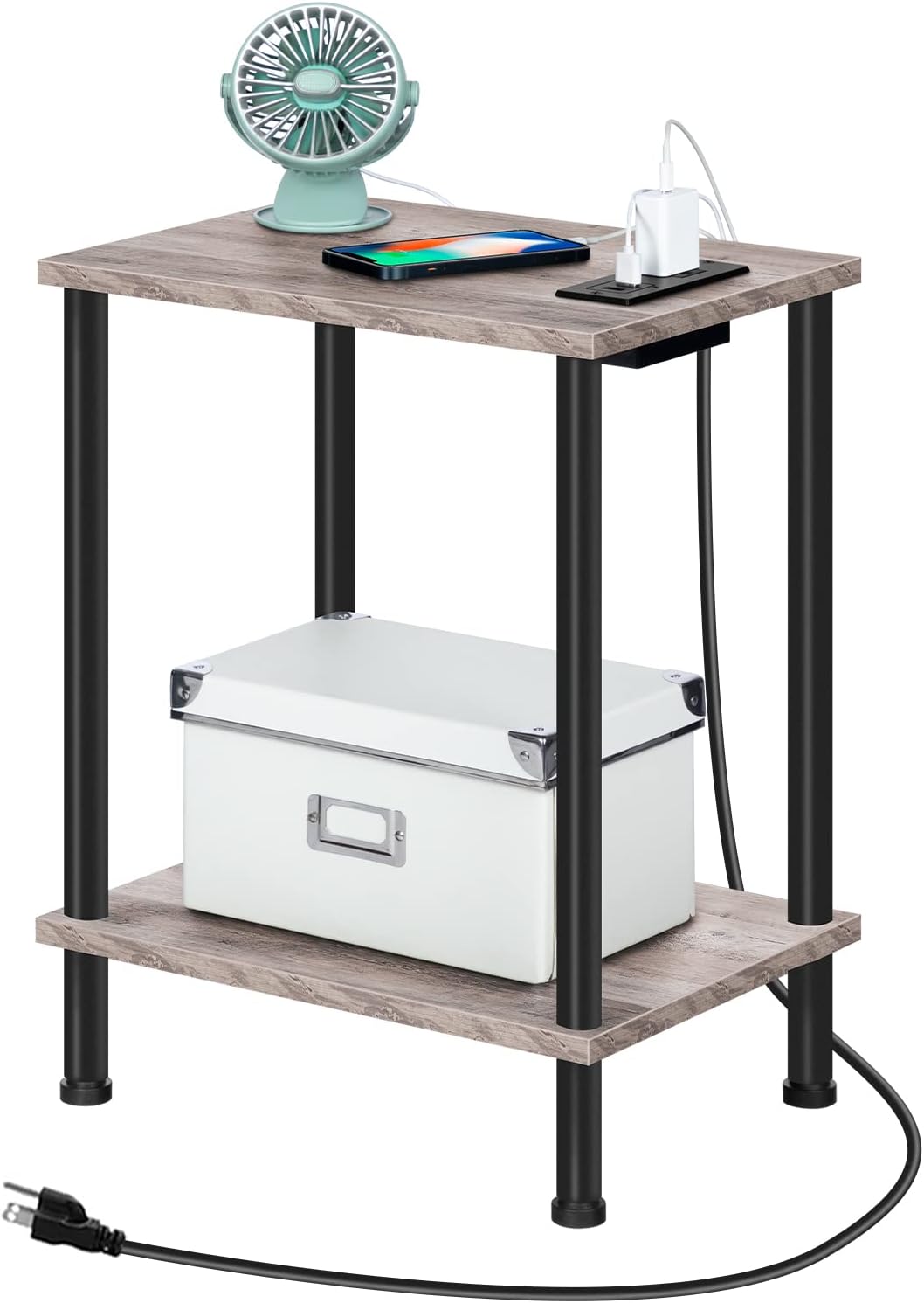 End Table with USB Port and Outlet, Nightstand with 2-Layer Storage Shelves
