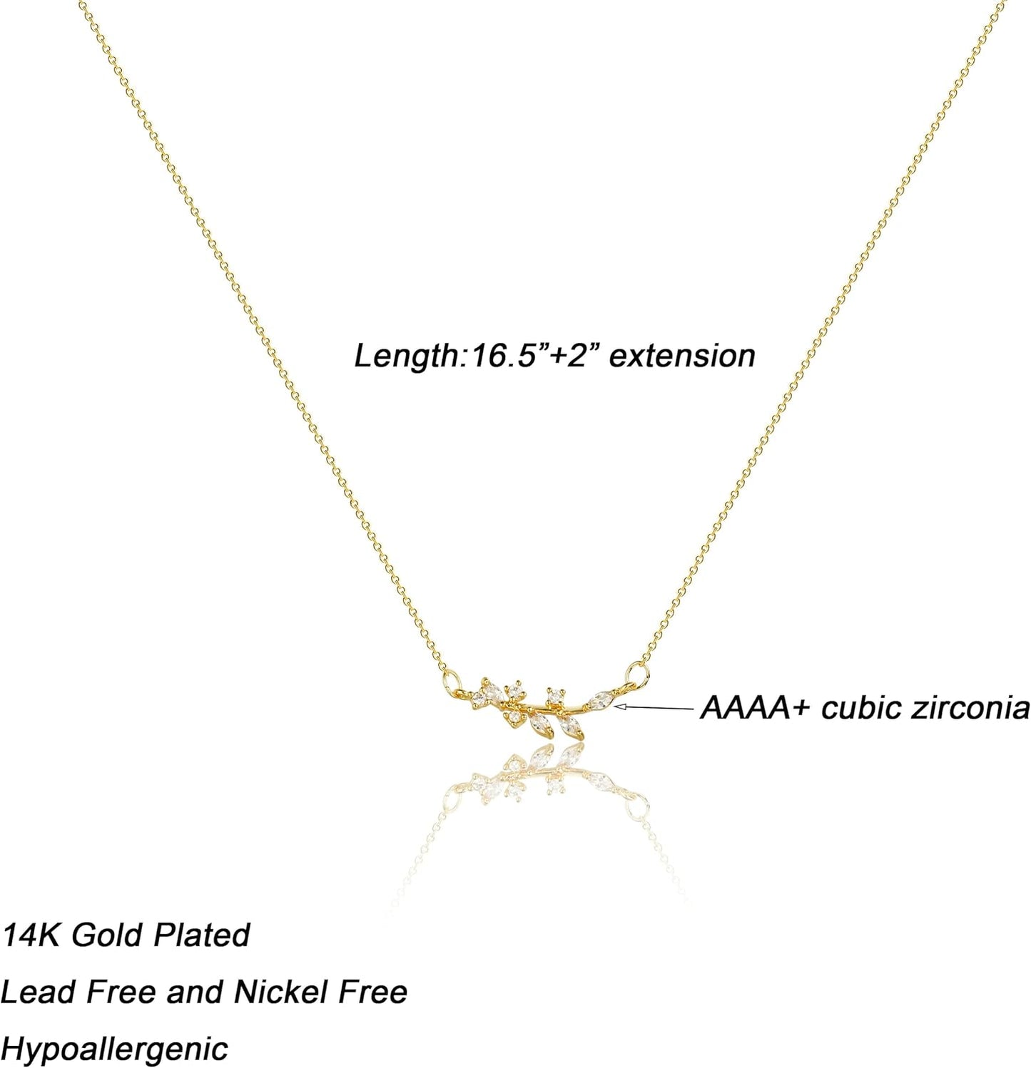 14K Gold Plated Pendant Necklace, Dainty Tiny Love Heart Star CZ Leaf Charm, Delicate Everyday Jewelry for Women