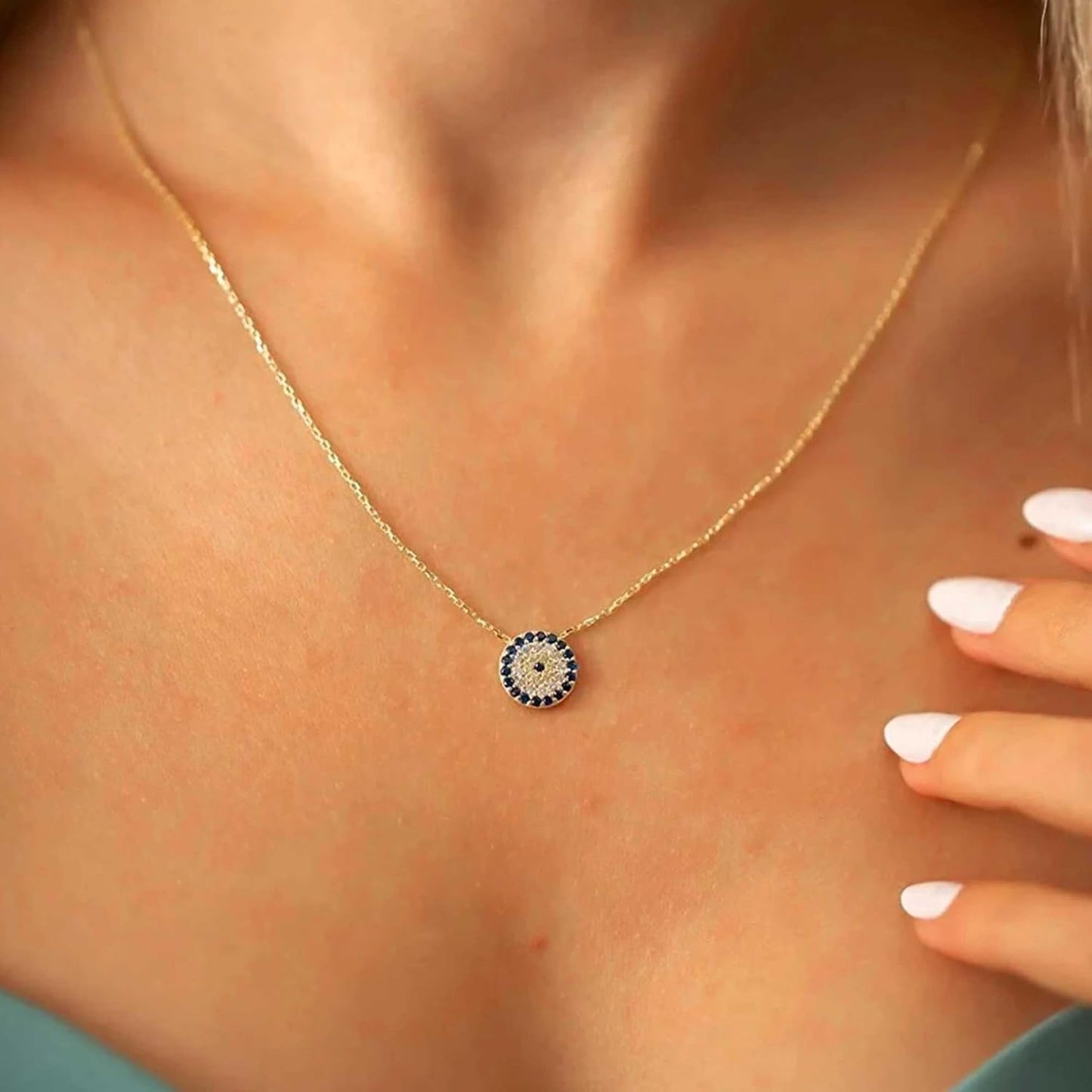 Evil Eye Necklace: 14K Gold Plated Blue CZ Diamond Boho Pendant for Women, Protection Gift