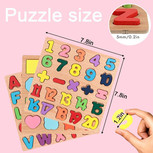 OMOMMD Wooden Puzzles for Toddlers, 3pack Alphabet Shape Puzzles for Kids 3 Wooden Montessori Toddler Alphabet Number Shape for Kids 3 Years Old Boys & Girls