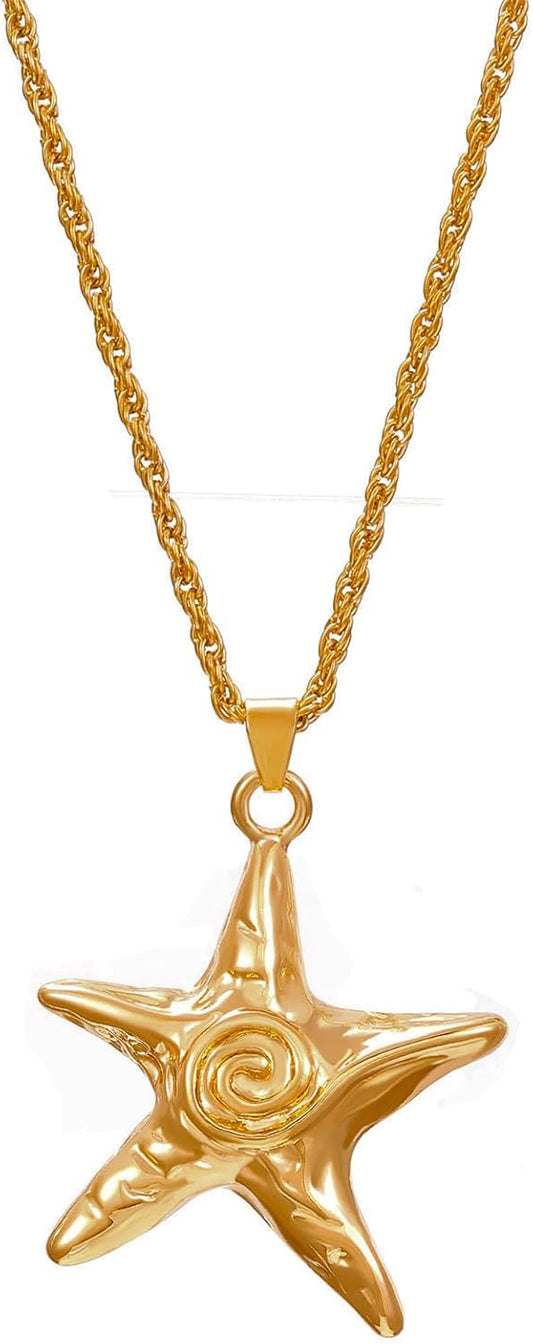 Starfish & Gold Swirl Pendant Necklace - Beach Vacation Seashell Charm, Ocean Theme Adjustable Chain for Women, Summer Jewelry Gift