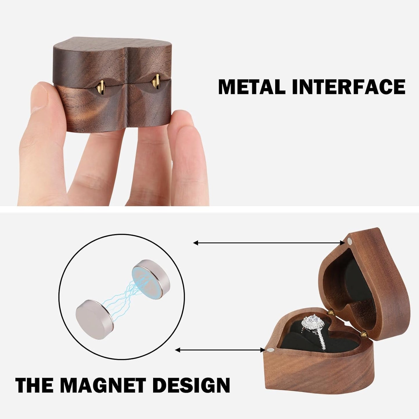 Wooden Heart Shape Ring Gift Box with Single Slot 2 Slot, for Proposal Engagement Wedding Ceremony Anniversary