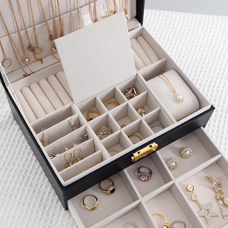 Jewelry Box - Large PU Leather Jewelry Organizer Storage Case with Two Layers Display