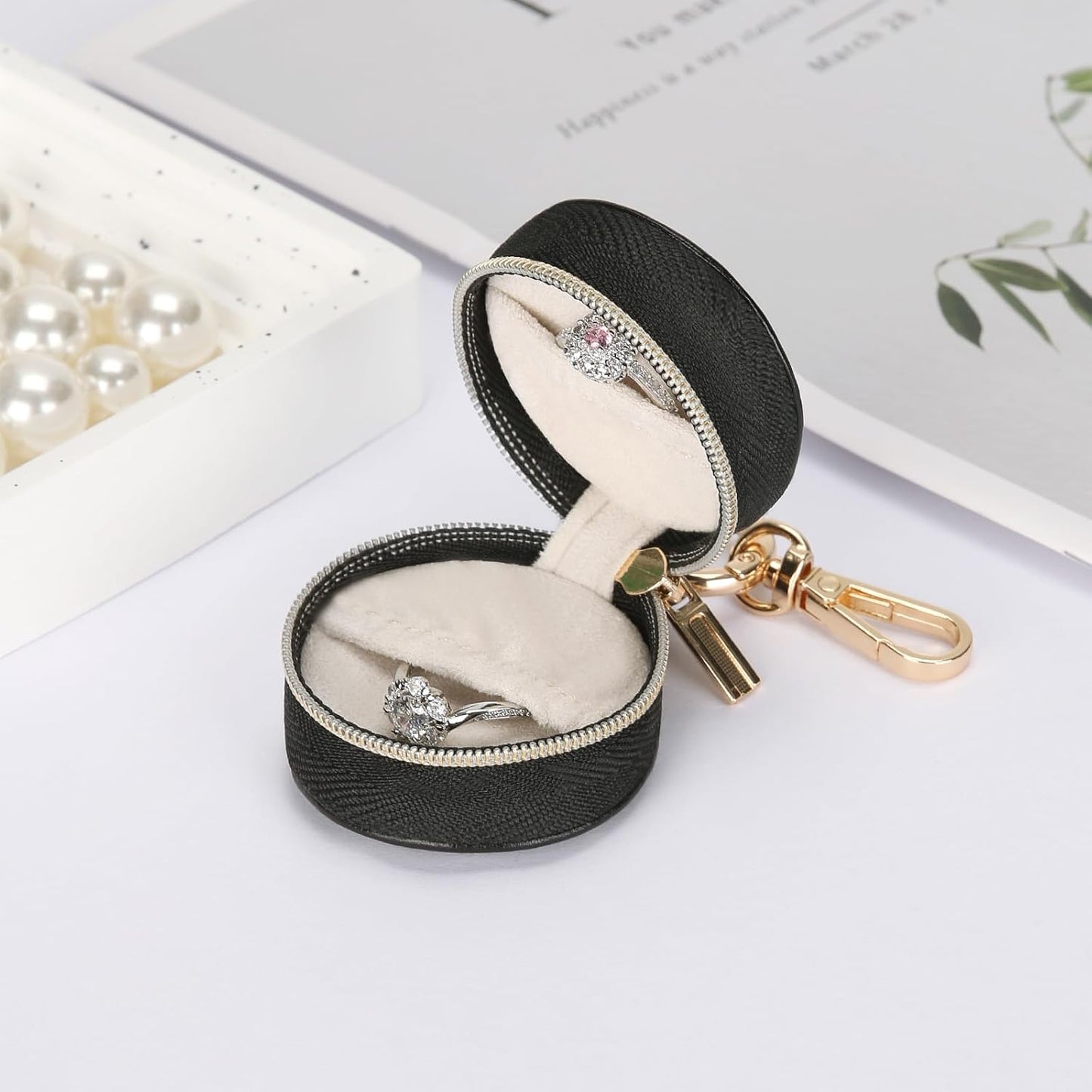 Jewelry Ring Holder Box with Keychain, Small Travel Ring Earring Stud Necklace Storage Case