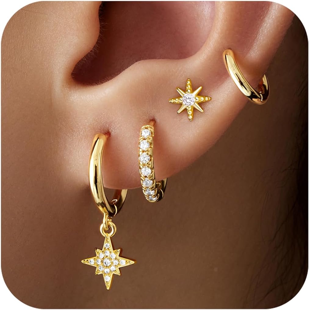 Small Gold Huggie Hoop Earrings Set for Women Men Hypoallergenic 14K Plated Stack Cartilage Earrings, Multiple Piercing