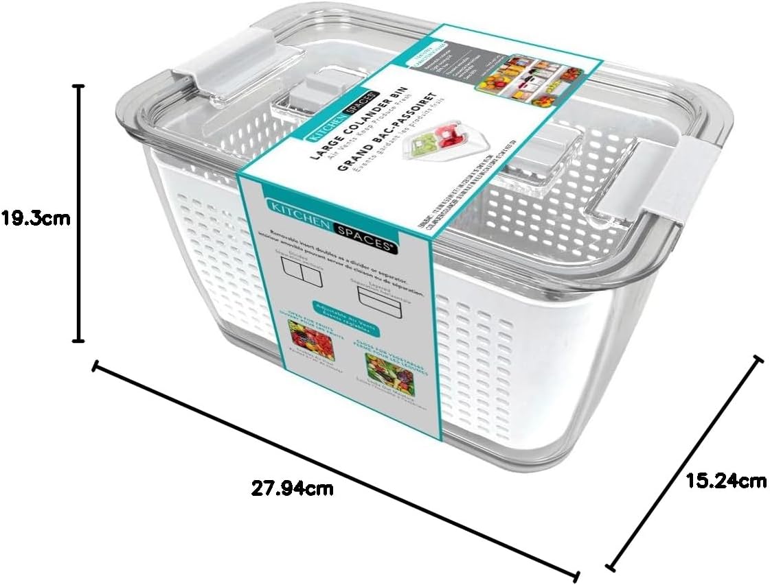 Kitchen Spaces Colander Bin, Produce Saver, Fridge Organizer With Lid, Wash, Strain and Store