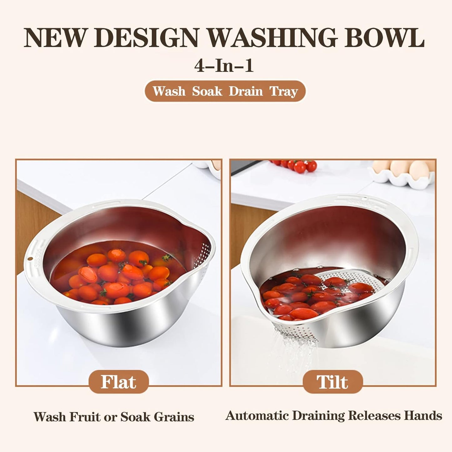 4-in-1 Washing Bowl for Quinoa, Stainless Steel Rinser With Side Drainers Small Colander for Cleaning Fruits, Vegetables