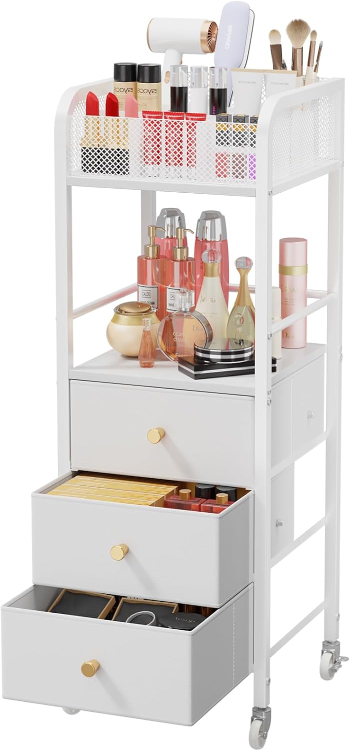 Rolling Makeup Cart Organizer - Floor Skincare Make Up Storage with 3 Non-woven Fabric Drawers