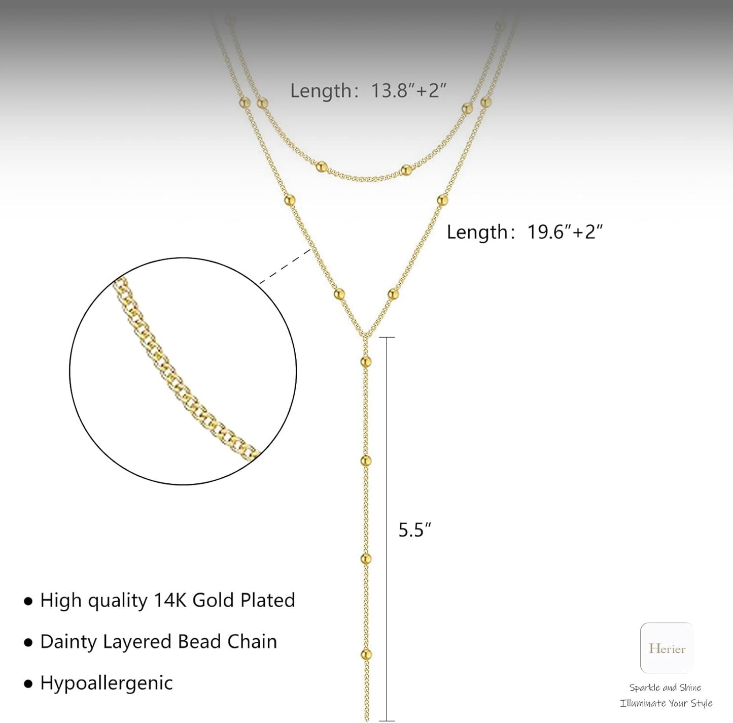 "Dainty Y-Shaped Lariat Necklace For Women, 14K Gold Plated/Silver Layered Beaded Chain Drop Necklace, Trendy Simple Gold Jewelry Gift"