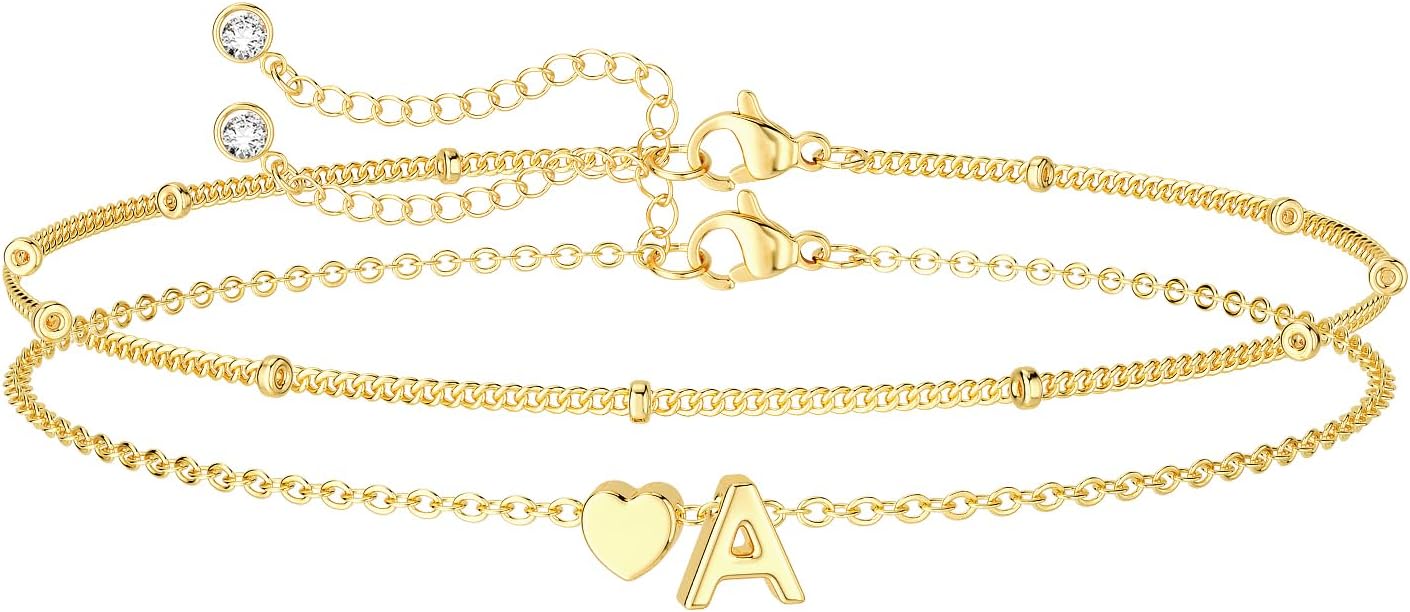 Dainty Initial Heart Gold Bracelets for Women Trendy, 14K Real Gold Letter Charm Bracelet Jewelry