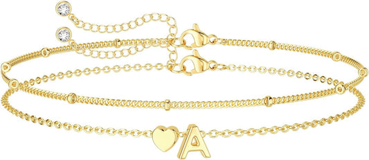 Dainty Initial Heart Gold Bracelets for Women Trendy, 14K Real Gold Letter Charm Bracelet Jewelry