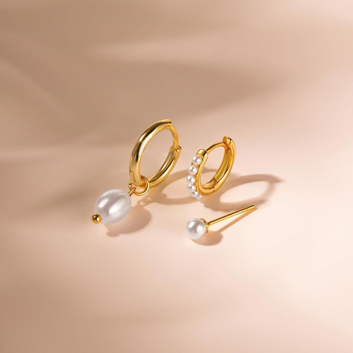 3 Pairs Small Gold Hoop Earring, 14K Gold Plated Earring Stacks Butterfly Heart Star Moon Bow Four Leaf Rhombus Round CZ Pearl