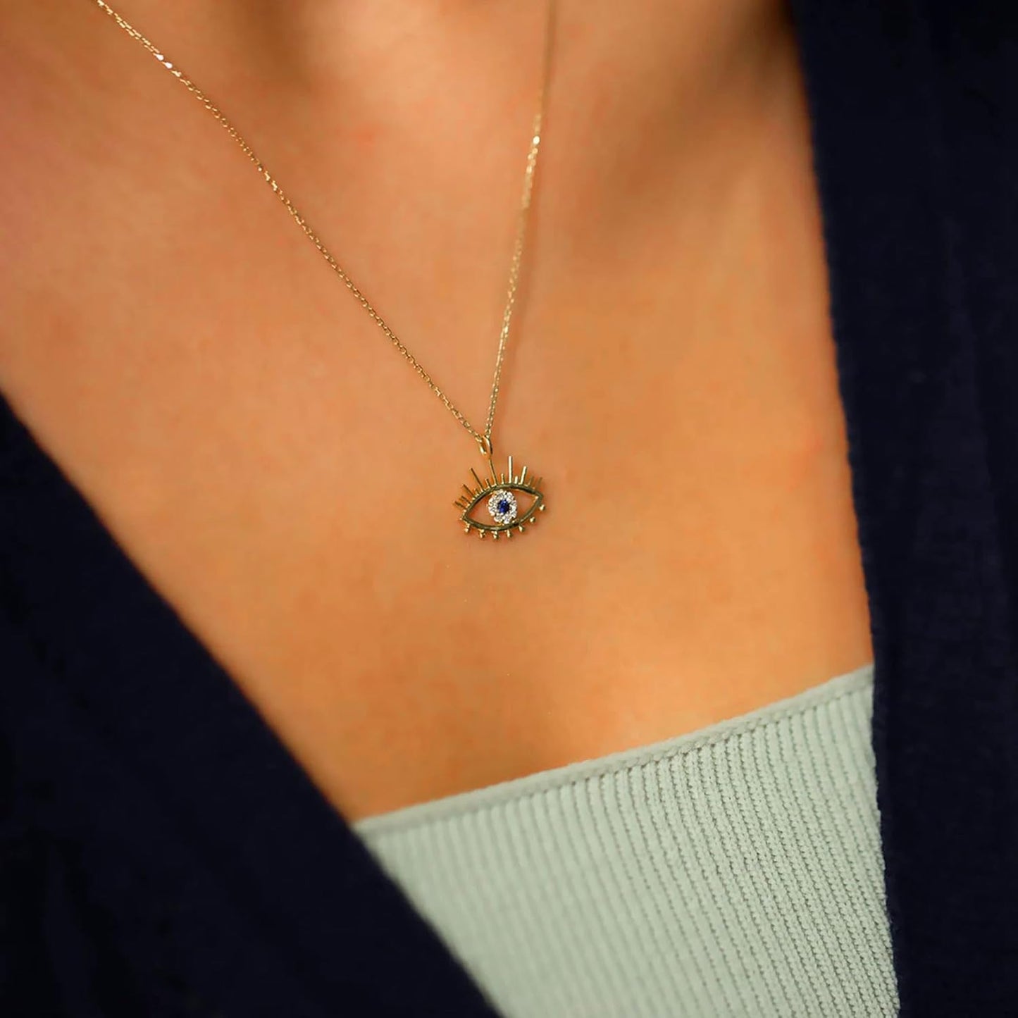 Evil Eye Necklace: 14K Gold Plated Blue CZ Diamond Boho Pendant for Women, Protection Gift