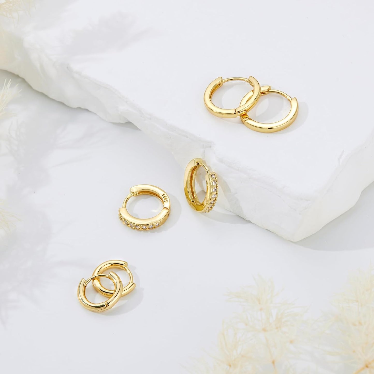 Small Sterling Silver Huggie Hoop Earrings Set for Women, 14K Gold Plated Hoops Stacks for Multiple Piercings