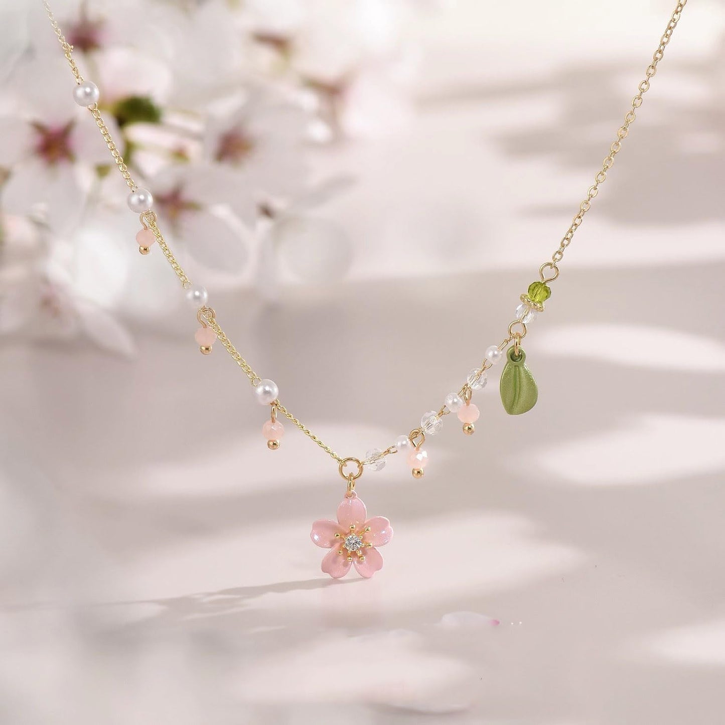 Lily of The Valley Pearl Necklace Cheery Blossm Daisy Green Paint and Lily Flower Pearl Pendant Floral Charm Pink Flower Wedding Jewelry for Women