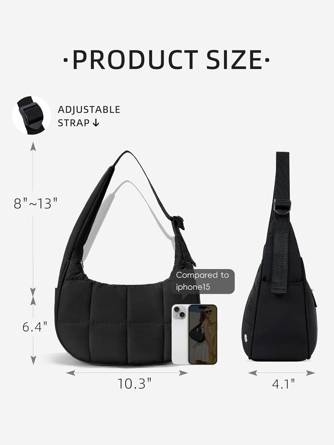 Crescent Shoulder Bag for Women, Nylon Quilted Shoulder Purses, Puffy Handbags with Adjustable Strap