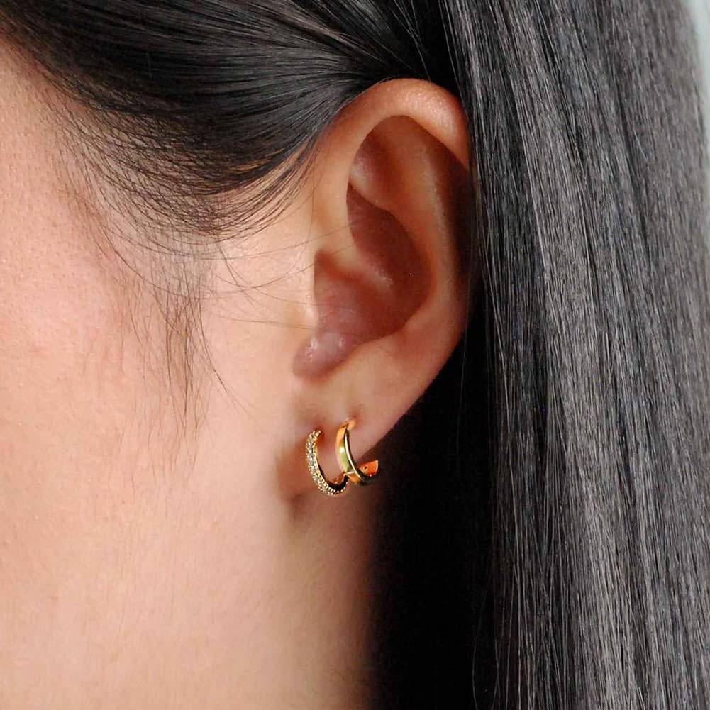 14K Gold Plated Triple Huggie Illusion Stud Earrings | Double Huggie Hoop Earrings for One Hole | Gold Hoop Earrings for Women