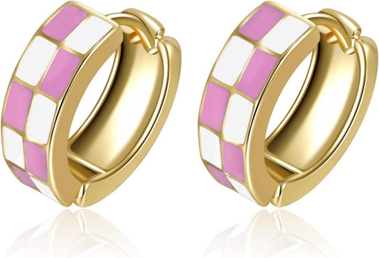 Small Hoop Cartilage Earrings Teacher Earrings for Women；White Black Enamel Hypoallergenic Hooped Gifts Gold and
