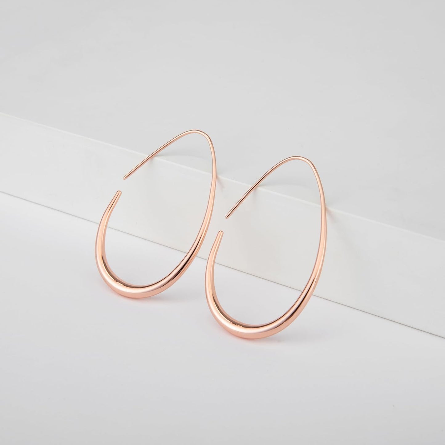 Lightweight Teardrop Hoop Earrings for Women - 14k Gold/White Gold Plated Large Oval Pull Through Hoop Earrings High