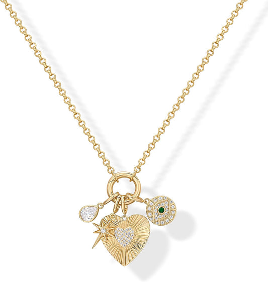 14K Gold Plated Heart Charm Necklace - Cluster Pendant with CZ Accents for Women
