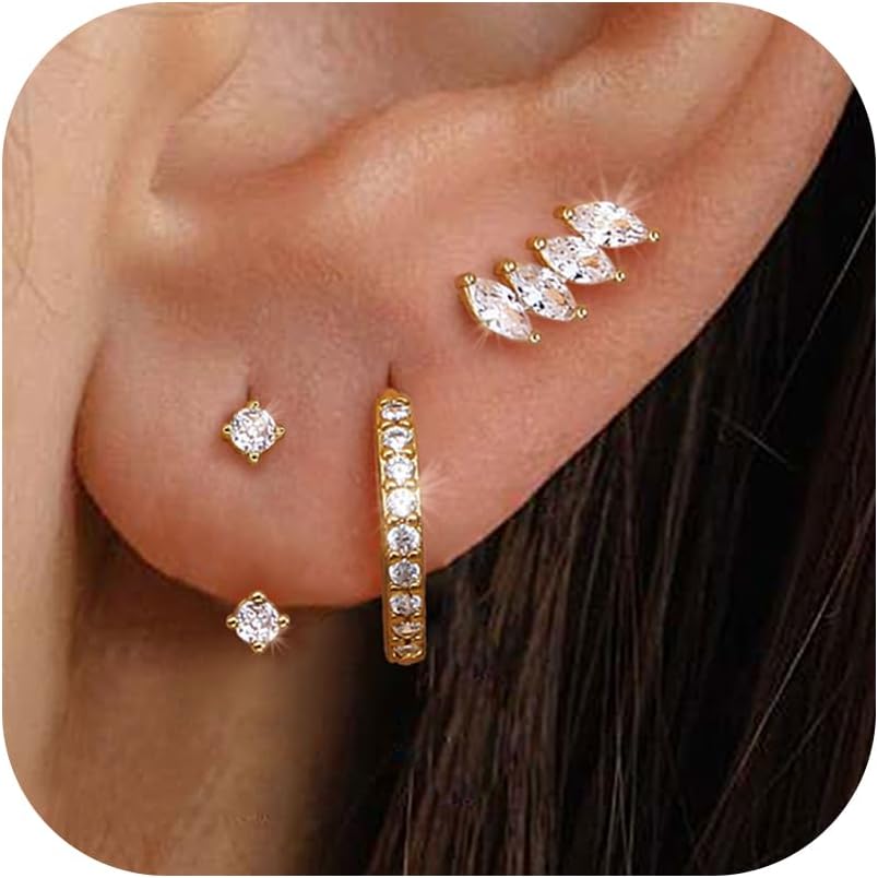 3Pairs 925 Sterling Silver, 14K Gold Plated Small Huggie Hoop Earrings Sets for Multiple Piercing CZ Cartilage Earrings Stacks