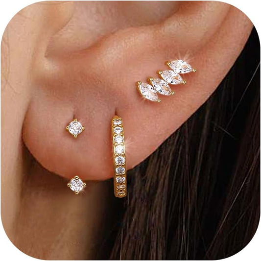 3Pairs 925 Sterling Silver, 14K Gold Plated Small Huggie Hoop Earrings Sets for Multiple Piercing CZ Cartilage Earrings Stacks
